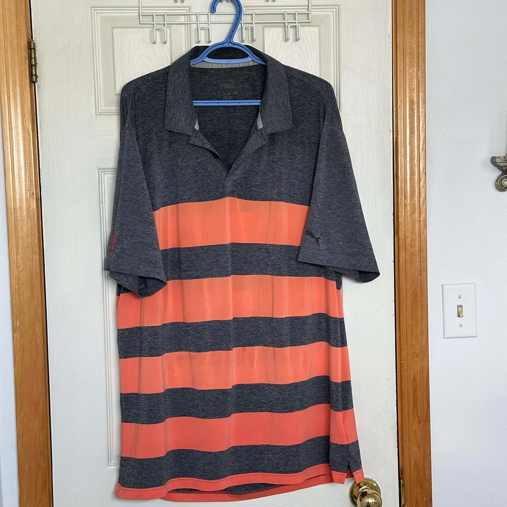 Puma Men's Charcoal and Coral Striped Polo